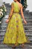 Sexy Gradient Color Contrast Flower Shape Sloping Shoulder Evening Dresses