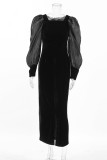 Celebrities Elegant Solid Color Slit Fluffy Square Neck One Step Skirt Dresses