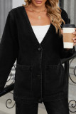 Casual Daily Solid Color Pocket Buttons V Neck Long Sleeve Loose Denim Jacket