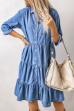 Casual Daily Solid Color Pocket Buckle V Neck Princess Dresses