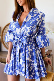 Elegant Floral Print Lace Up Pleated V Neck A Line Dresses