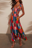 Casual Vacation Colorblock Pocket Lace Up Contrast Square Neck Sling Dresses