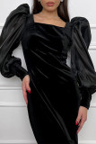 Celebrities Elegant Solid Color Slit Fluffy Square Neck One Step Skirt Dresses