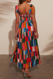 Casual Vacation Colorblock Pocket Lace Up Contrast Square Neck Sling Dresses