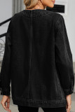 Casual Daily Solid Color Pocket Buttons V Neck Long Sleeve Loose Denim Jacket