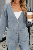 Casual Daily Solid Color Pocket Buttons V Neck Long Sleeve Loose Denim Jacket