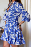Elegant Floral Print Lace Up Pleated V Neck A Line Dresses