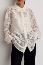 Casual Solid Color Hollow Out See-Through Turndown Collar Tops