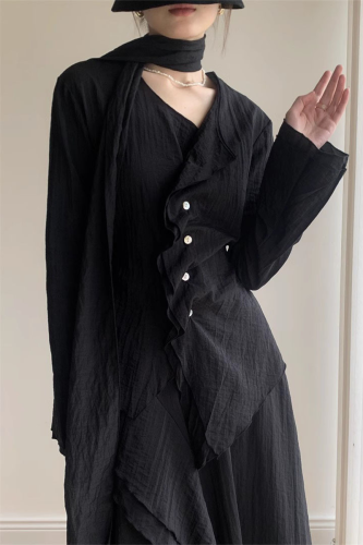 Casual Solid Color Buttons Ruched V Neck Tops