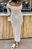 Sexy Solid Color Hollow Out See-Through Off Shoulder One Step Skirt Dresses