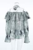 Sexy Tie Dye Ruffle Flowers Contrast Off Shoulder Tops