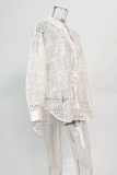 Casual Solid Color Hollow Out See-Through Turndown Collar Tops