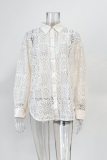 Casual Solid Color Hollow Out See-Through Turndown Collar Tops