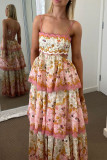 Casual Floral Print Ruffle Strapless Cake Skirt Dresses
