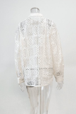 Casual Solid Color Hollow Out See-Through Turndown Collar Tops