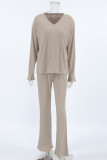 Casual Solid Color Potholes V Neck Long Sleeve Two Pieces