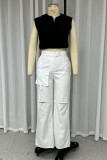 Casual Solid Color Ripped Pocket Turndown Collar Sleeveless Two Pieces