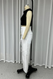 Casual Solid Color Ripped Pocket Turndown Collar Sleeveless Two Pieces