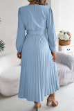 Casual Daily Solid Color Lace Up Buttons Pleated V Neck Pleated Dresses