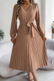Casual Daily Solid Color Lace Up Buttons Pleated V Neck Pleated Dresses