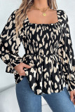 Casual Leopard Print Patchwork Stringy Selvedge Contrast Square Neck Tops