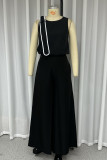Casual Street Solid Color Pocket Bow Decor O Neck Sleeveless Two Pieces