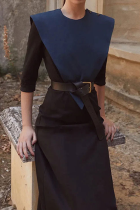 Elegant Solid Color Contrast O Neck Waist Skirt Dresses
