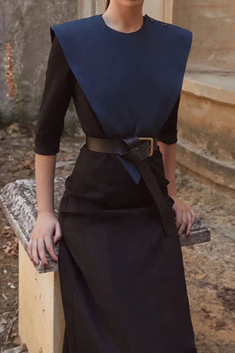 Elegant Solid Color Contrast O Neck Waist Skirt Dresses