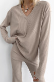 Casual Solid Color Potholes V Neck Long Sleeve Two Pieces