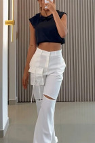 Casual Solid Color Ripped Pocket Turndown Collar Sleeveless Two Pieces