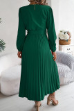 Casual Daily Solid Color Lace Up Buttons Pleated V Neck Pleated Dresses