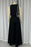 Casual Street Solid Color Pocket Bow Decor O Neck Sleeveless Two Pieces