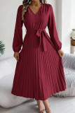 Casual Daily Solid Color Lace Up Buttons Pleated V Neck Pleated Dresses