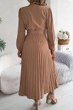 Casual Daily Solid Color Lace Up Buttons Pleated V Neck Pleated Dresses