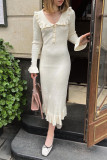 Daily Elegant Solid Color Ruffle Turndown Collar One Step Skirt Dresses