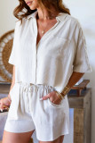 Casual Daily Solid Color Pocket Lace Up Turndown Collar Short Sleeve Two Pieces