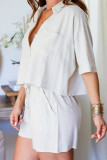 Casual Daily Solid Color Pocket Lace Up Turndown Collar Short Sleeve Two Pieces