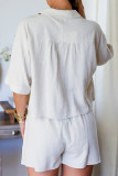 Casual Daily Solid Color Pocket Lace Up Turndown Collar Short Sleeve Two Pieces