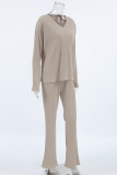 Casual Solid Color Potholes V Neck Long Sleeve Two Pieces