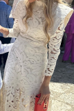Elegant Solid Color Lace Patchwork Half A Turtleneck Waist Skirt Dresses