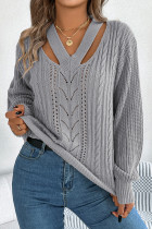 Casual Solid Color Hollow Out Weave V Neck Tops