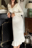Daily Elegant Solid Color Ruffle Turndown Collar One Step Skirt Dresses