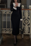 Daily Elegant Solid Color Ruffle Turndown Collar One Step Skirt Dresses
