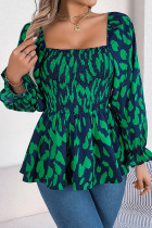 Casual Leopard Print Patchwork Stringy Selvedge Contrast Square Neck Tops