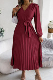 Casual Daily Solid Color Lace Up Buttons Pleated V Neck Pleated Dresses