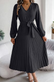 Casual Daily Solid Color Lace Up Buttons Pleated V Neck Pleated Dresses