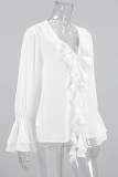 Elegant Solid Color Ruffle V Neck Tops