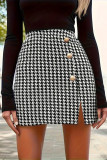Elegant Plaid Buttons Slit Contrast Regular High Waist Patchwork Bottoms