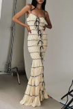 Sexy Solid Color Lace Up Contrast V Neck Long Dresses