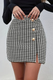 Elegant Plaid Buttons Slit Contrast Regular High Waist Patchwork Bottoms